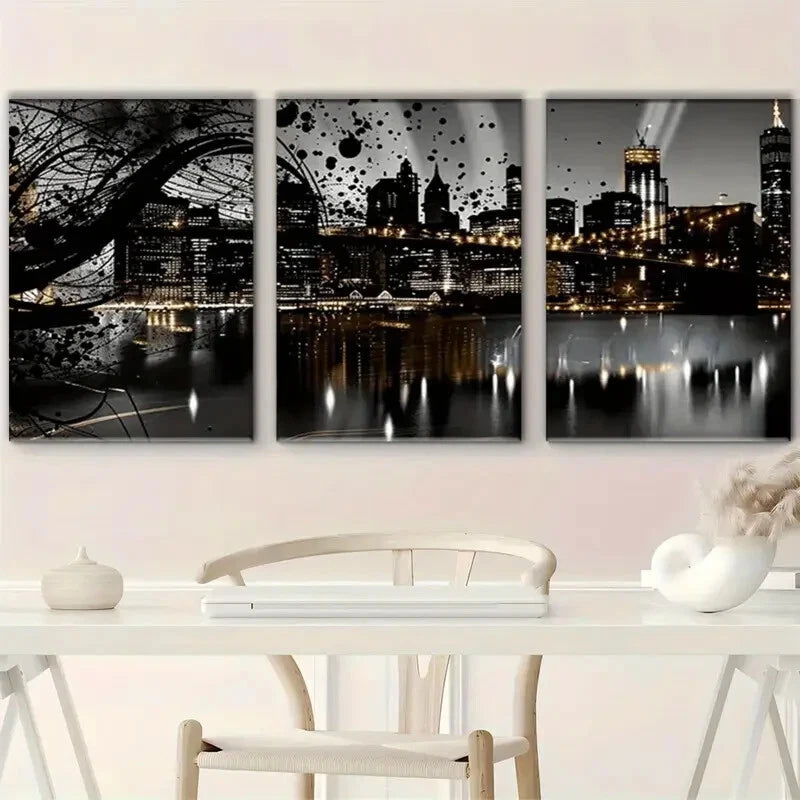 3pcs Night View Sky line Black City Metal Print Ready to Hang Art