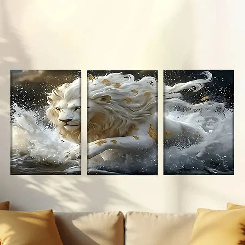 3pcs a white lion running through water Wall Art Set Canvas Unframed - High Quality Print 100% Australian Made Wall Canvas - Bella Home Decor