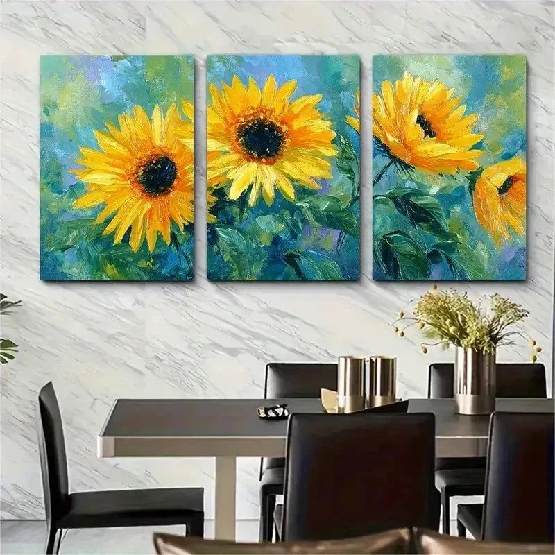 3pcs Vibrant Yellow Sunflowers Leaves Perfect Wall Art Set Canvas Framed 50x70cm - High Quality Print 100% Australian Made Wall Canvas Ready to Hang