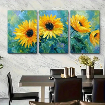 3pcs Vibrant Yellow Sunflowers Leaves Perfect Wall Art Set Canvas Framed 50x70cm - High Quality Print 100% Australian Made Wall Canvas Ready to Hang