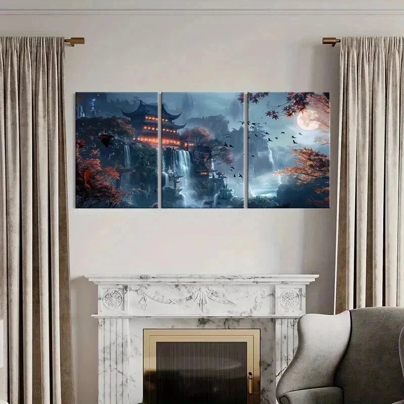 3pcs Waterfall & Traditional Architecture Wall Art Set Canvas Framed 60x90cm - High Quality Print 100% Australian Made Wall Canvas Ready to Hang - Bella Home Decor