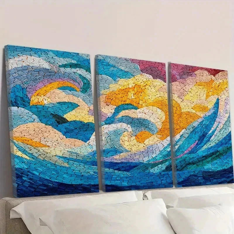 3pcs Colorful Mosaic Waves Abstract Wall Art Set Canvas Framed 60x90cm - High Quality Print 100% Australian Made Wall Canvas Ready to Hang - Bella Home Decor