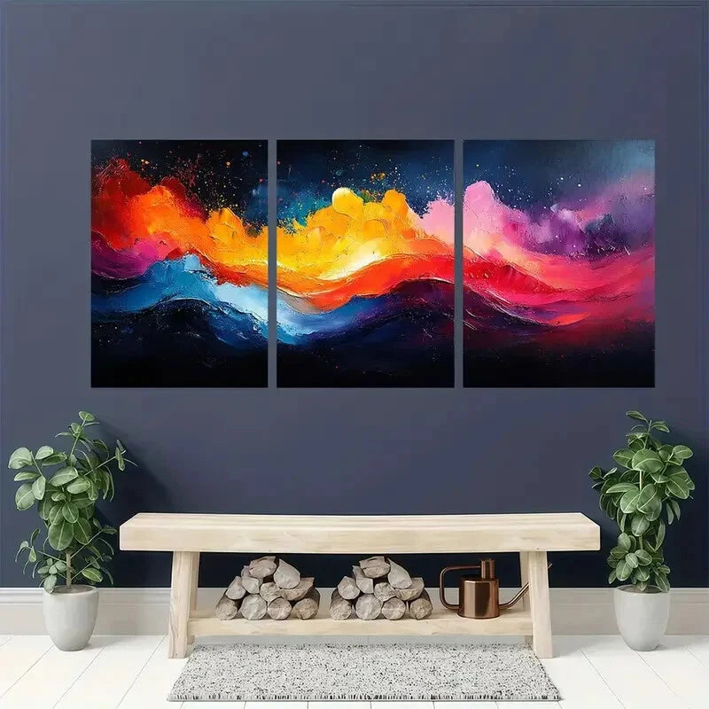 3pcs Vibrant Abstract Swirls Orange Blue Yellow Metal Print Ready to Hang Art - Bella Home Decor