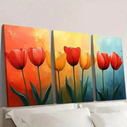3pcs Tulip Flower Print Abstract Flower  ML   Wall Art Set Canvas Framed 60x90cm - High Quality Print 100% Australian Made Wall Canvas Ready to Hang