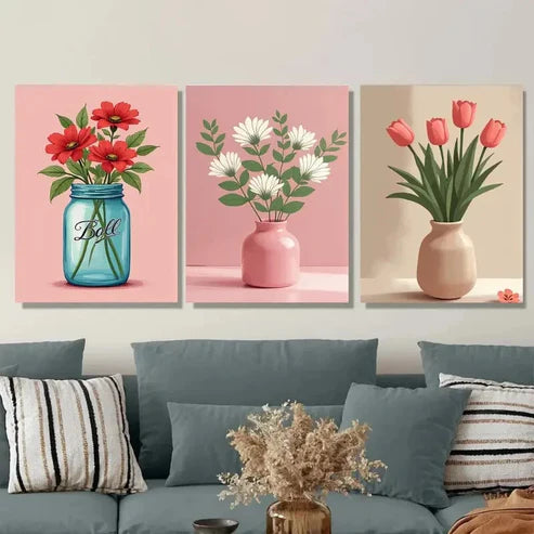 3pcs Realistic Flower Vase Blue, Pink, And Beige Wall Art Set Canvas Unframed - High Quality Print 100% Australian Made Wall Canvas