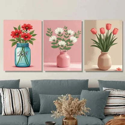 3pcs Realistic Flower Vase Blue, Pink, And Beige Wall Art Set Canvas Unframed - High Quality Print 100% Australian Made Wall Canvas