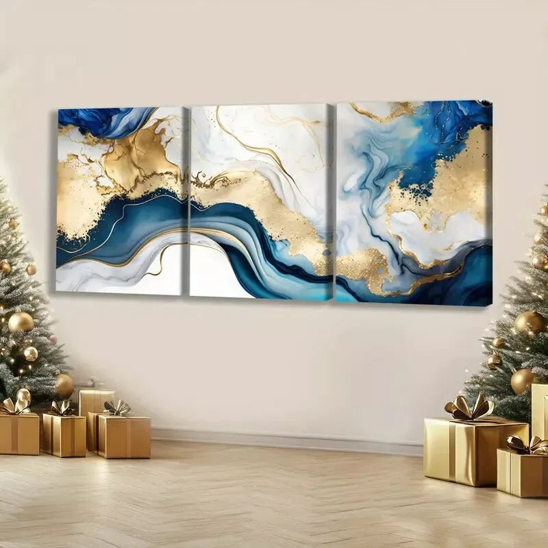 3pcs Abstract Swirls Of Painting In Colors Of Blue & Gold Canvas Framed 40x60cm - High Quality Print 100% Australian Made Wall Canvas Ready to Hang - Bella Home Decor