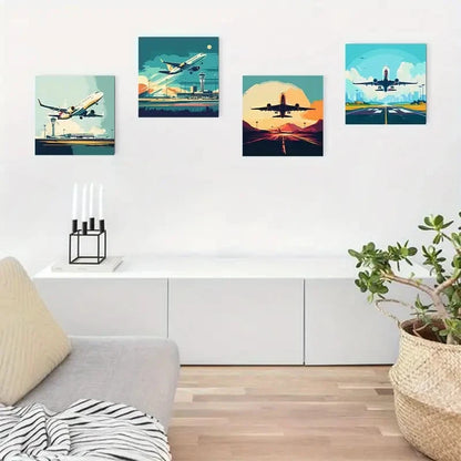 4pcs Vintage Abstract Airplane Landing Theme Wall Art Canvas Framed