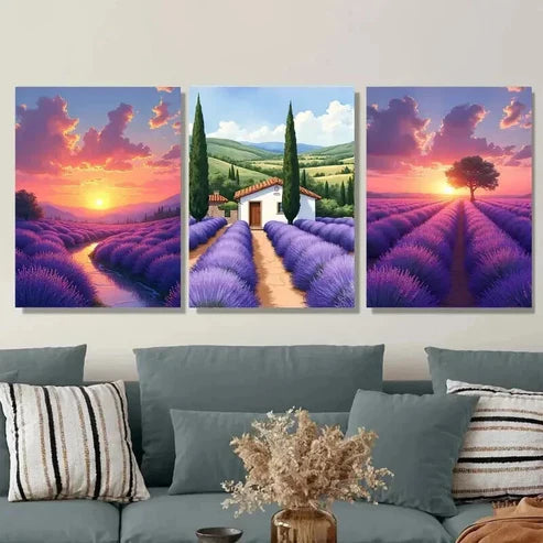 3pcs Beautiful Lavender Field Sunset House Wall Art Canvas Unframed - High Quality Print 100% Australian Made Wall Canvas
