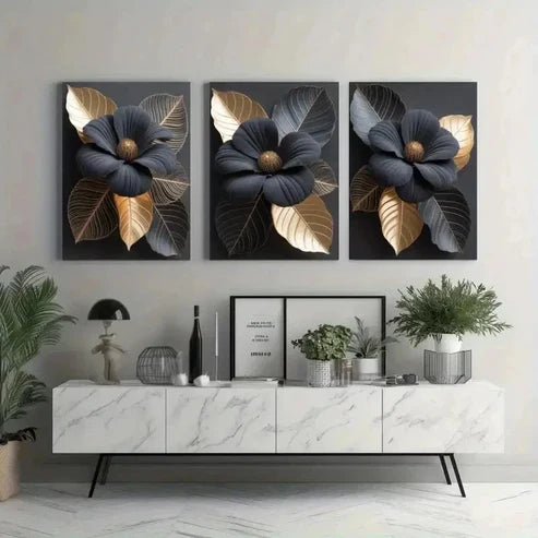 3pcs Black & Golden Floral Wall Art Canvas Unframed - High Quality Print 100% Australian Made Wall Canvas - Bella Home Decor