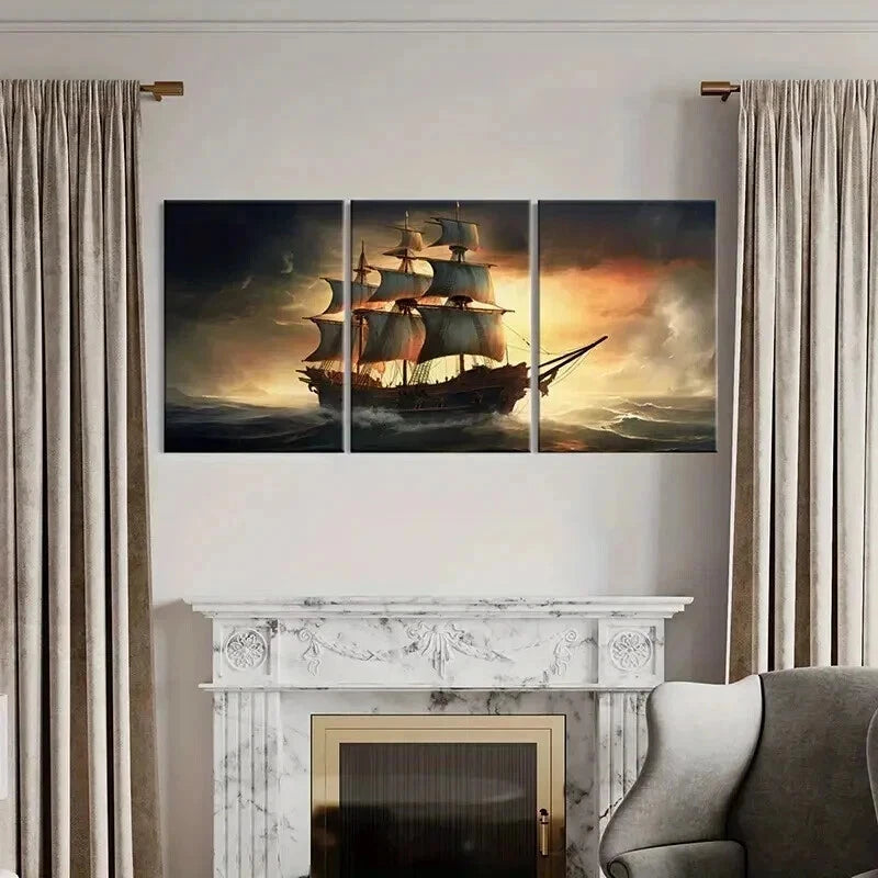 3pcs Sailing Ship in Stormy Seas Painting Wall Art Set Canvas Framed 50x70cm - High Quality Print 100% Australian Made Wall Canvas Ready to Hang - Bella Home Decor