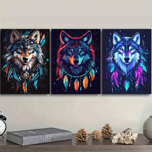 3pcs Stunning Wolf Neon Colors Colorful Necklace Wall Art Set Canvas Unframed - High Quality Print 100% Australian Made Wall Canvas