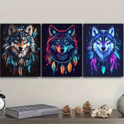 3pcs Stunning Wolf Neon Colors Colorful Necklace Wall Art Set Canvas Unframed - High Quality Print 100% Australian Made Wall Canvas