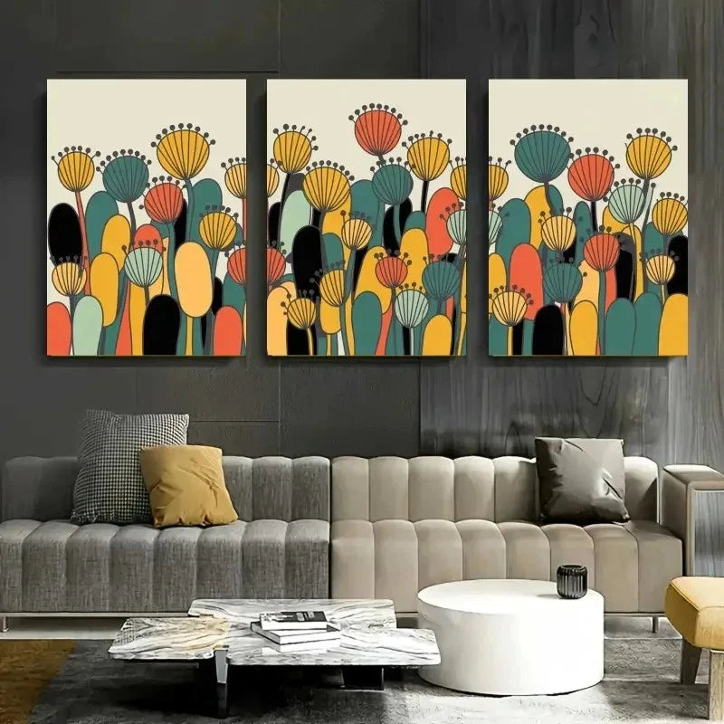 3pcs Abstract Flowers Geometric Shapes Metal Print Ready to Hang Art - Bella Home Decor