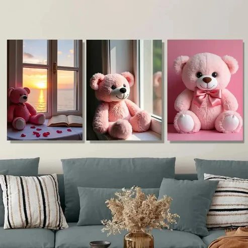 3pcs Charming Pink Teddy Bear Romantic Sunset Wall Art Set Canvas Unframed - High Quality Print 100% Australian Made Wall Canvas - Bella Home Decor