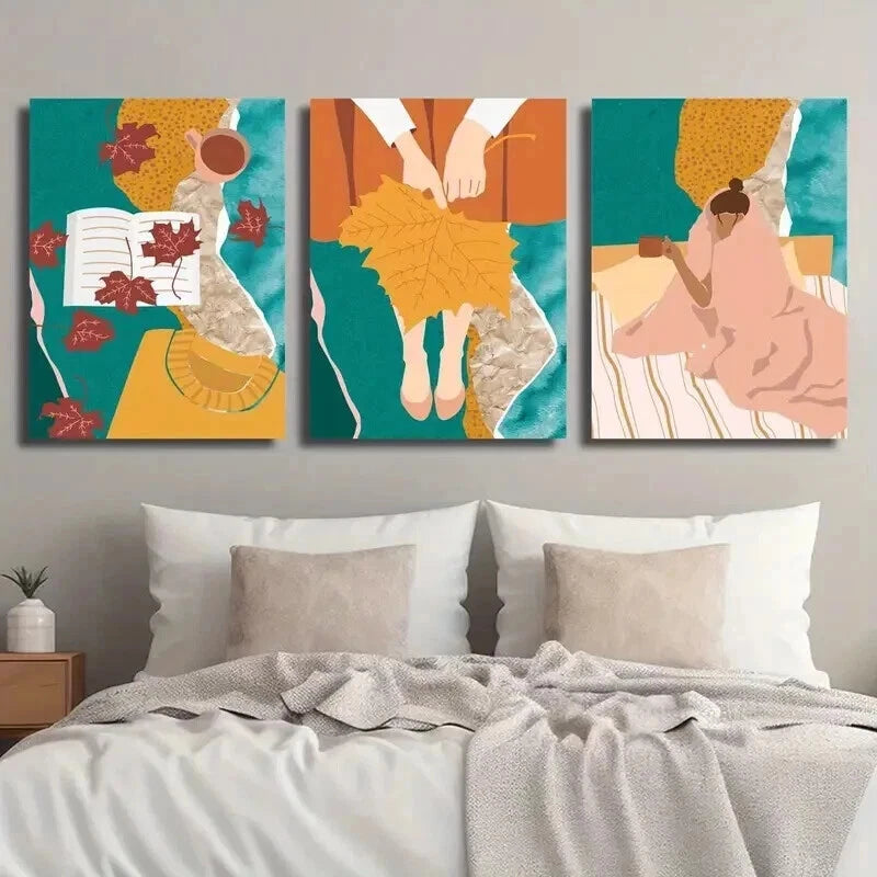 3pcs Autumn Themed Fall Leaves Wall Art Set Canvas Framed 50x70cm - High Quality Print 100% Australian Made Wall Canvas Ready to Hang