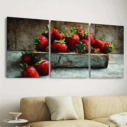 3pcs Fresh Strawberries Rustic Kitchen Farmhouse Wall Art Set Canvas Framed 60x90cm - High Quality Print 100% Australian Made Wall Canvas Ready to Hang - Bella Home Decor