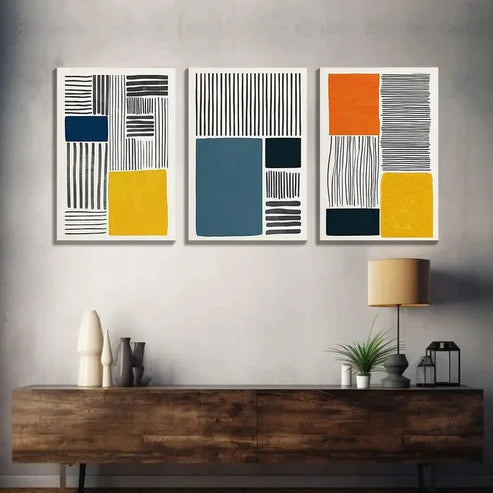 3pcs Three-Color Block Collage Abstract Shapes Wall Art Set Canvas Unframed - High Quality Print 100% Australian Made Wall Canvas