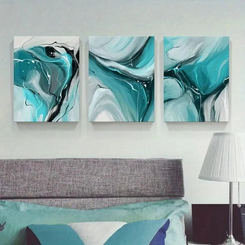 3pcs Modern Abstract Teal & Gray Fluid Art Metal Print Ready to Hang Art