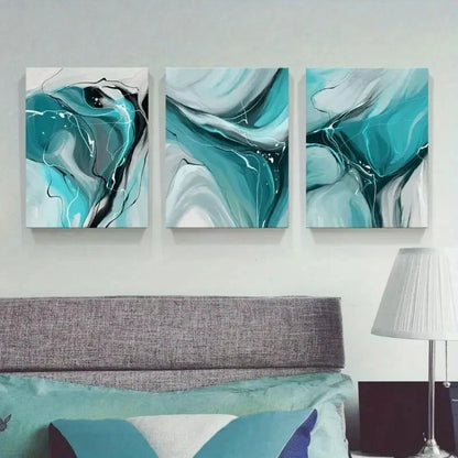 3pcs Modern Abstract Teal & Gray Fluid Art Metal Print Ready to Hang Art