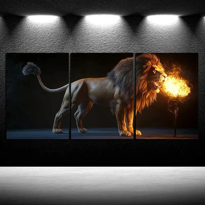 3pcs Running Lion Fire Big Tail Metal Print Ready to Hang Art - Bella Home Decor