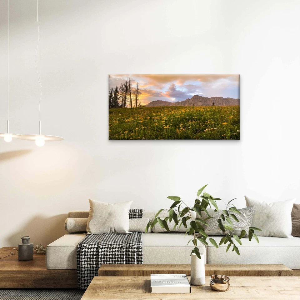 Alpine Meadow Sunset Landscape Wall Art Canvas Office Home Framed 120x60cm