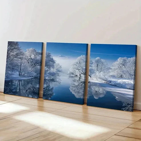 3pcs Snow Scene Forest Lake & Trees Wall Art Set Canvas Unframed - High Quality Print 100% Australian Made Wall Canvas