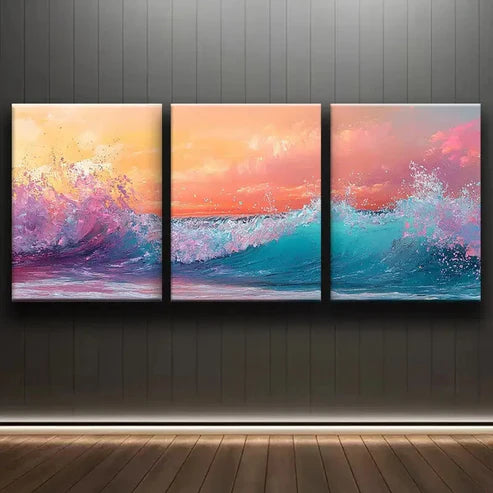 3pcs Colorful Beauty Ocean Waves at Sunset Water Wall Art Set Canvas Unframed - High Quality Print 100% Australian Made Wall Canvas - Bella Home Decor