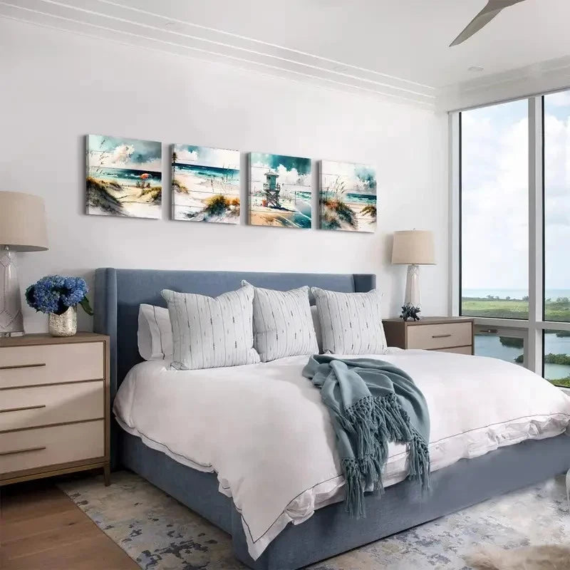 4pcs Teal Blue Beach Scenery  Wall Art Canvas Framed