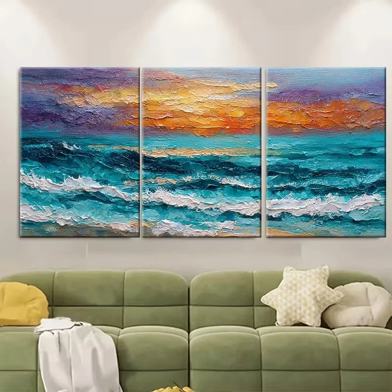 3pcs Vibrant Sunrise & Waves Metal Print Ready to Hang Art
