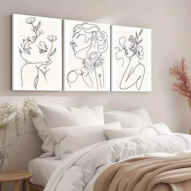 3pcs Minimalist Woman Flower Line Canvas Framed 40x60cm - High Quality Print 100% Australian Made Wall Canvas Ready to Hang - Bella Home Decor