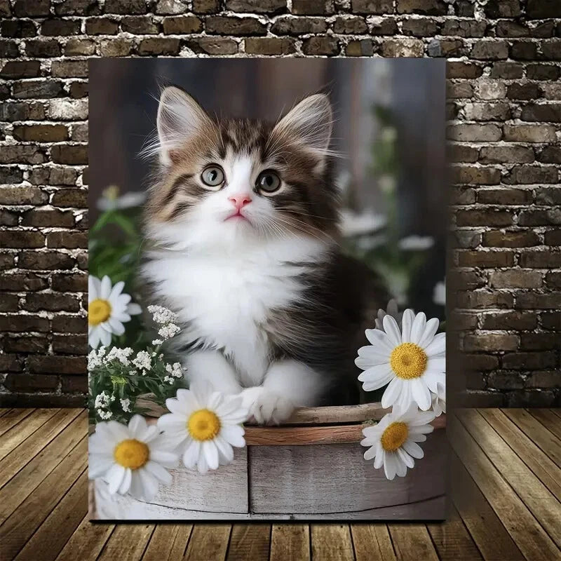 Norwegian Forest Cat Kitten with Flowers Painting 40x60cm Metal Print Ready to Hang - Bella Home Decor