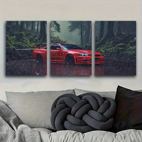 3pcs Red Sports Car in Rain Forest  Wall Wall Art Set Canvas Unframed - High Quality Print 100% Australian Made Wall Canvas - Bella Home Decor