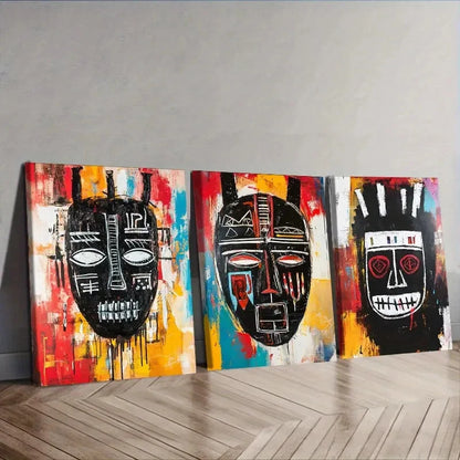 3pcs Featuring a Striking African Mask Wall Art Set Canvas Framed 50x70cm - High Quality Print 100% Australian Made Wall Canvas Ready to Hang