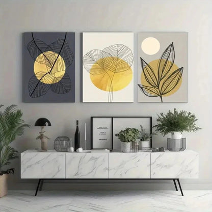3pcs Abstract Leaves, Golden Sun, Line  Wall Art Set Canvas Framed 60x90cm - High Quality Print 100% Australian Made Wall Canvas Ready to Hang - Bella Home Decor