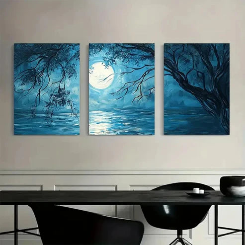 3pcs Blue Landscape with Full Moon & Trees Wall Art Set Canvas Unframed - High Quality Print 100% Australian Made Wall Canvas - Bella Home Decor