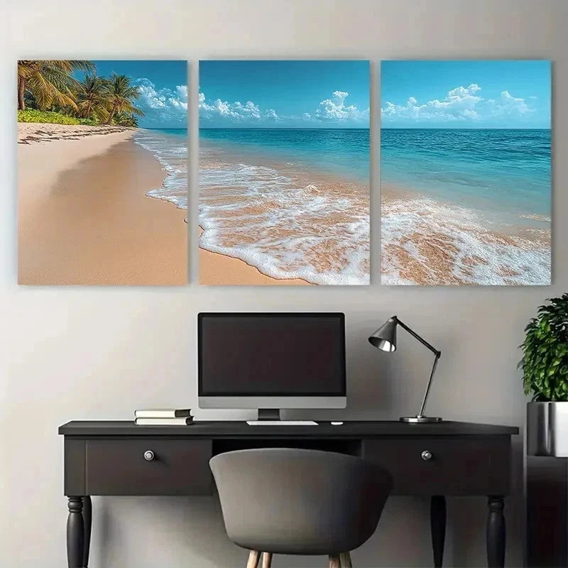 3pcs Scene With Palm Trees & Ocean Waves Perfect Wall Art Set Canvas Framed 50x70cm - High Quality Print 100% Australian Made Wall Canvas Ready to Hang