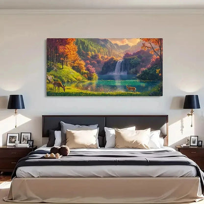 Waterfall & Deer Spring Winter Wall Art Canvas Office Home Room Framed 120x60cm