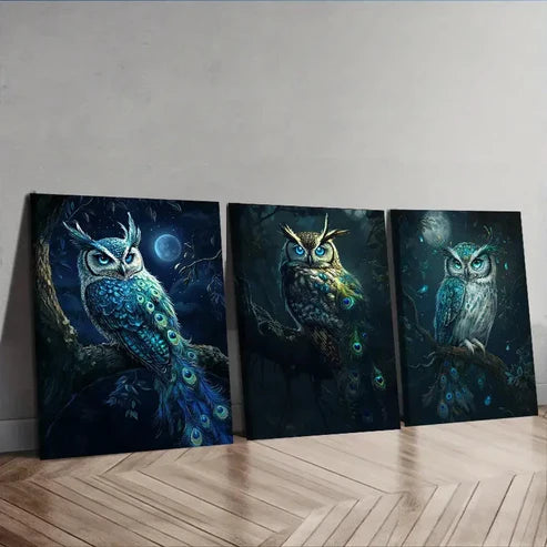 3pcs Featuring a Wise Owl Wall Art Set Canvas Unframed - High Quality Print 100% Australian Made Wall Canvas - Bella Home Decor