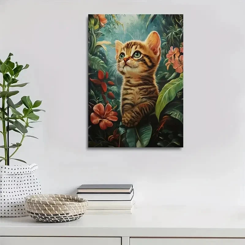 Beautiful Cute Bengal Kitten with Vibrant Flowers 40x60cm Metal Print Ready to Hang - Bella Home Decor