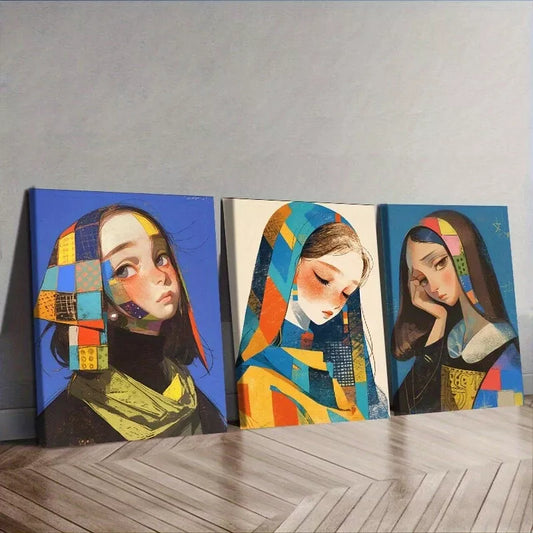 3pcs A Woman In Blue Background Colorful Wall Art Canvas Wall Art Set Canvas Framed 50x70cm - High Quality Print 100% Australian Made Wall Canvas Ready to Hang