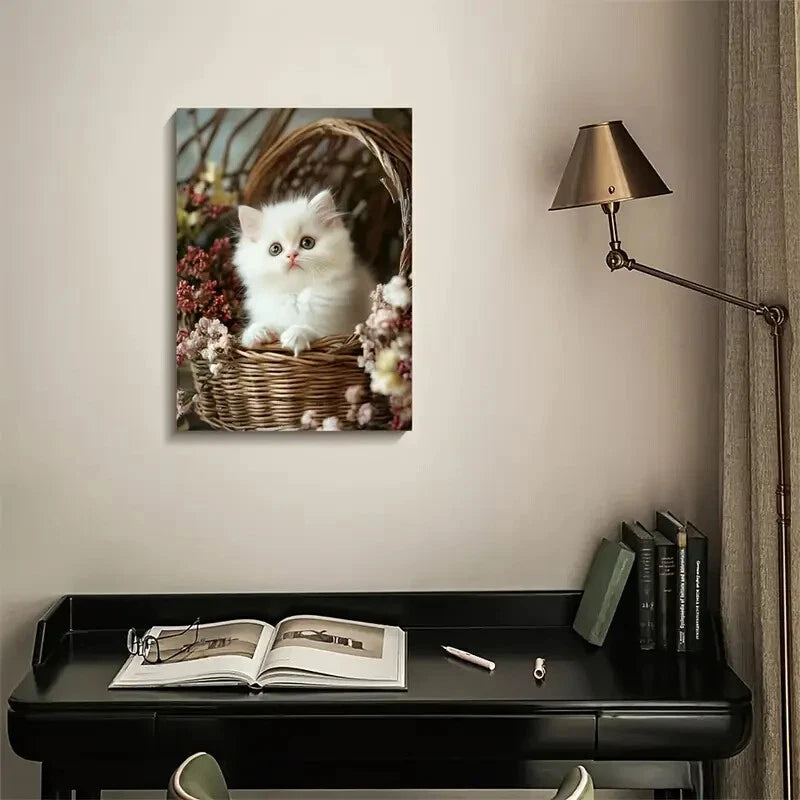 Cute Persian Cat Kitten with Flowers in Wicker Basket 40x60cm Metal Print Ready to Hang
