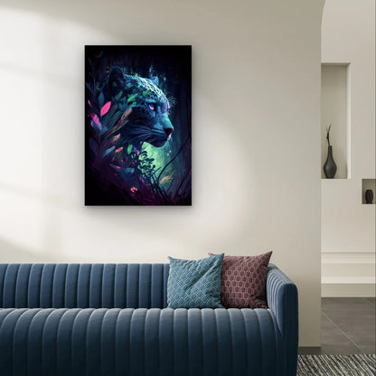 Glowing Neon Leopard Wildlife Night Forest 40x60cm Metal Print Ready to Hang