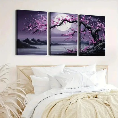3pcs Moonlit Trees And Plum Blossoms Perfect Wall Art Canvas Unframed - High Quality Print 100% Australian Made Wall Canvas