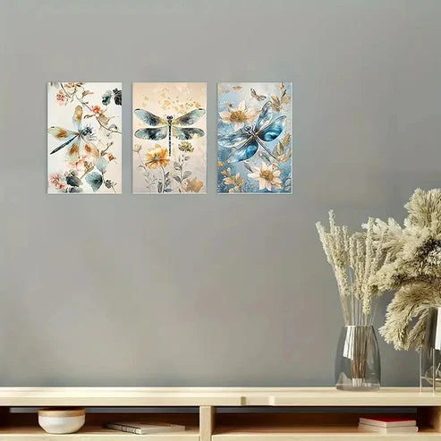 3pcs Vintage Style Dragonfly DFD Wall Art Set Canvas Unframed - High Quality Print 100% Australian Made Wall Canvas