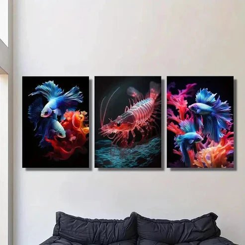 3pcs Colorful Red Shrimp and Betta Fish Wall Art Canvas Unframed – High Quality Print 100% Australian Made Wall Canvas - Bella Home Decor