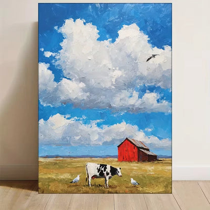 , Cloudy Blue Sky, White Birds, Red Barn Metal Print Ready to Hang