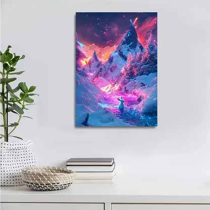 Vibrant Neon Rabbit in Snowy Mountain Painting 40x60cm Metal Print Ready to Hang - Bella Home Decor