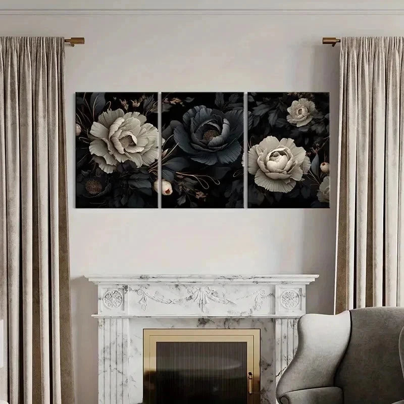 3pcs Vintage Gothic Black Floral Wall Art Set Canvas Framed 40x60cm - High Quality Print 100% Australian Made Wall Canvas Ready to Hang