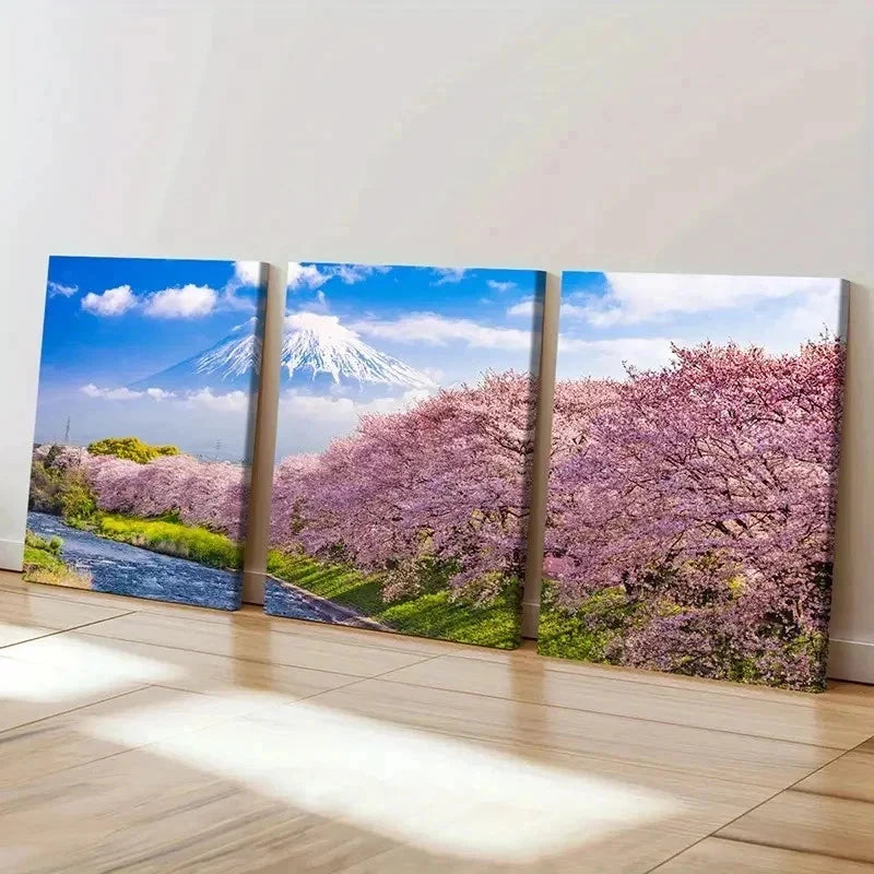 3pcs Japanese Style Cherry Blossoms Mount Fuji  Wall Art Set Canvas Framed 50x70cm - High Quality Print 100% Australian Made Wall Canvas Ready to Hang